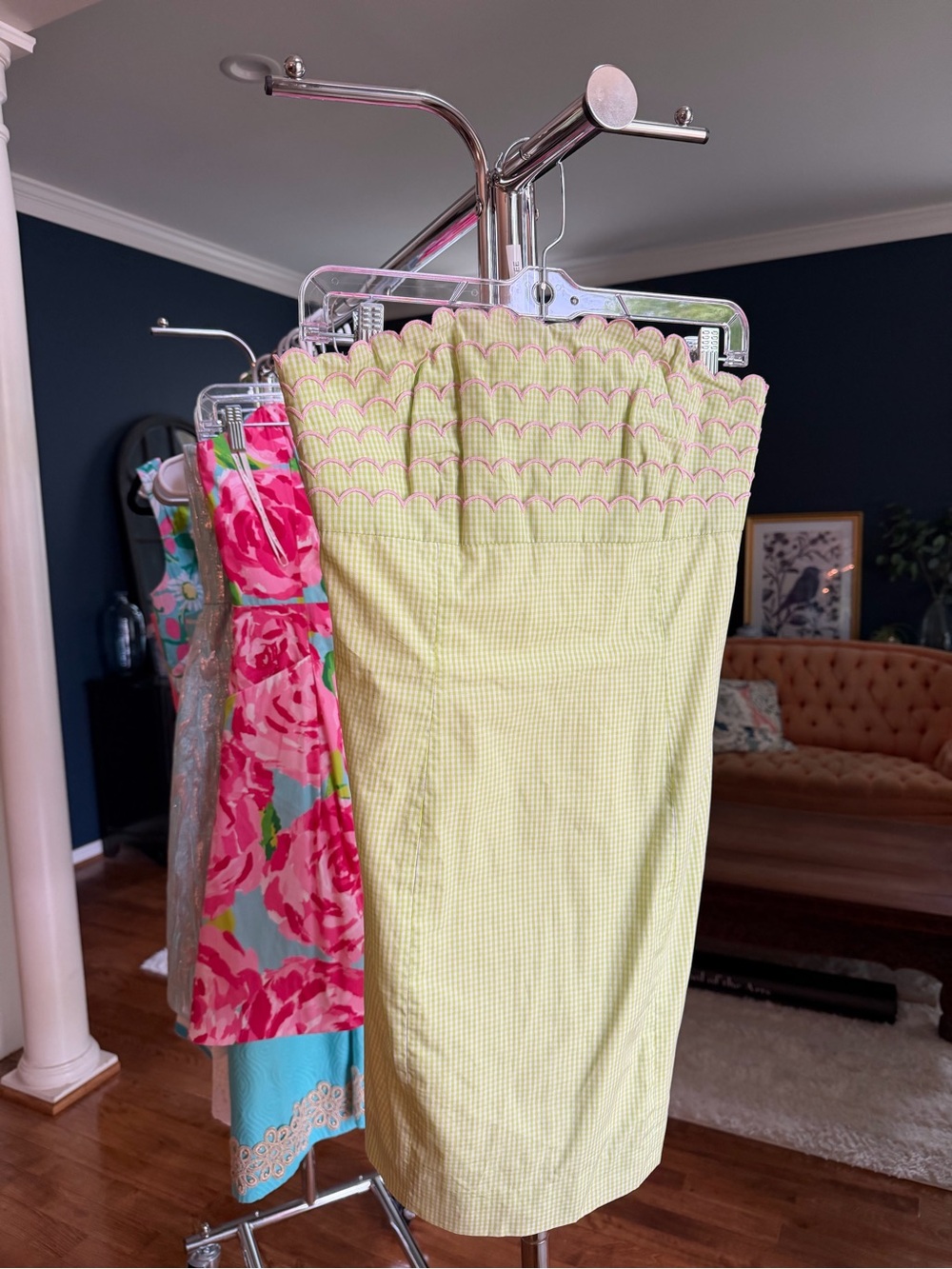 Lilly Pulitzer Strapless Scalloped Yellow Gingham Dress